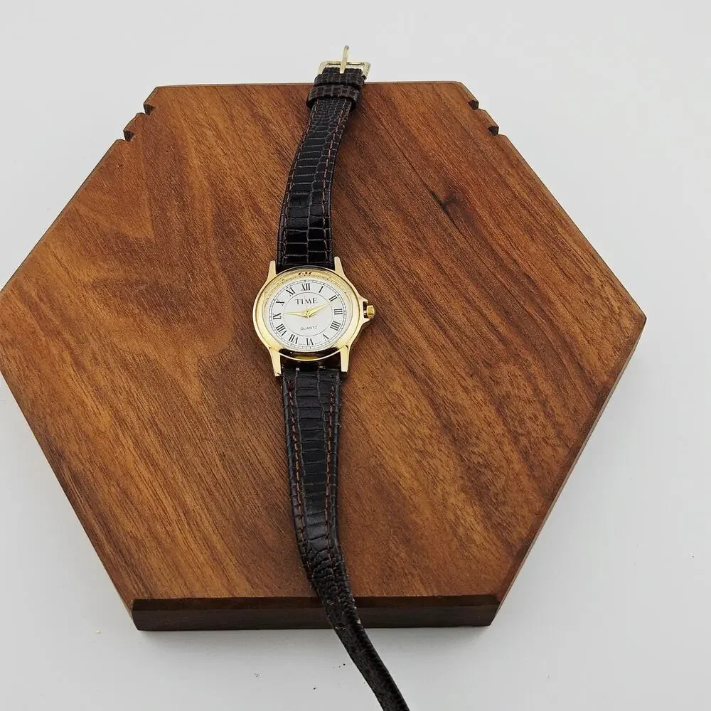 Time Women's Gold Tone Round Roman Numeral Dial Watch Brown Leather Band Simple